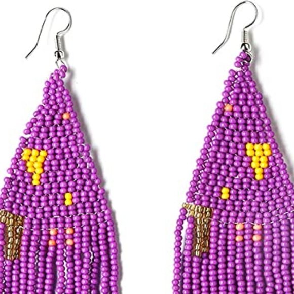 Long 5" Multicolor Abstract Purple Handmade Beaded Oversized Boho Earrings New - Picture 3 of 4